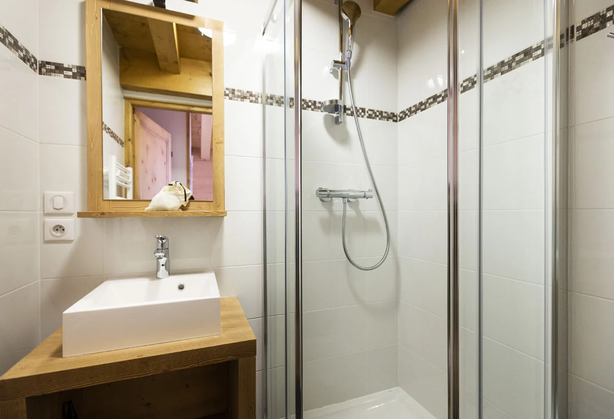 Salle de douche de l'appartement Belvédère avec vasque et miroir en bois
