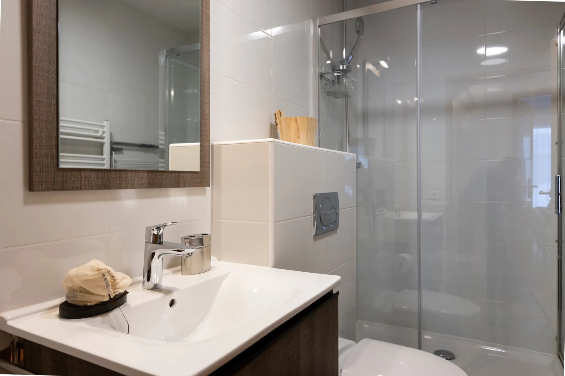 Salle de douche de l'appartement Mouflon avec vasque, miroir et douche vitrée